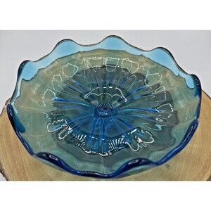 Vintage LE Smith Glass Small Blue Pedestal Bowl Scalloped Edges 8”W, 4” Tall